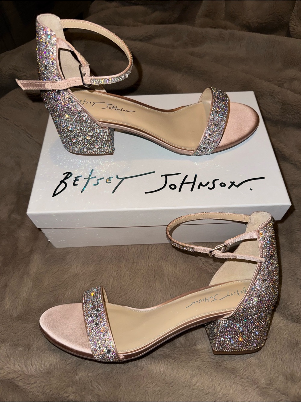 Betsey Johnson Champagne Crystal Embellished Block Heels